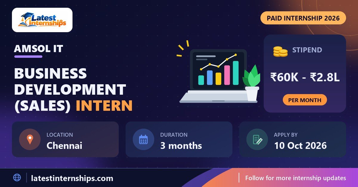 AMSOL IT Business Development (Sales) internship banner with stipend, location, duration and last date