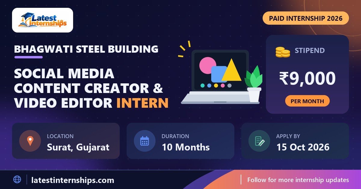 Bhagwati Steel Building Social Media Content Creator & Video Editor internship banner with stipend, location, duration and last date