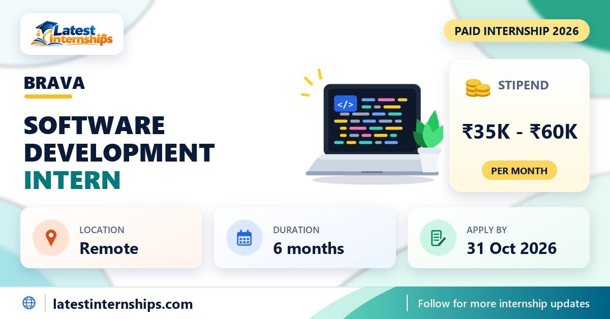 Brava Software Development internship banner with stipend, location, duration and last date