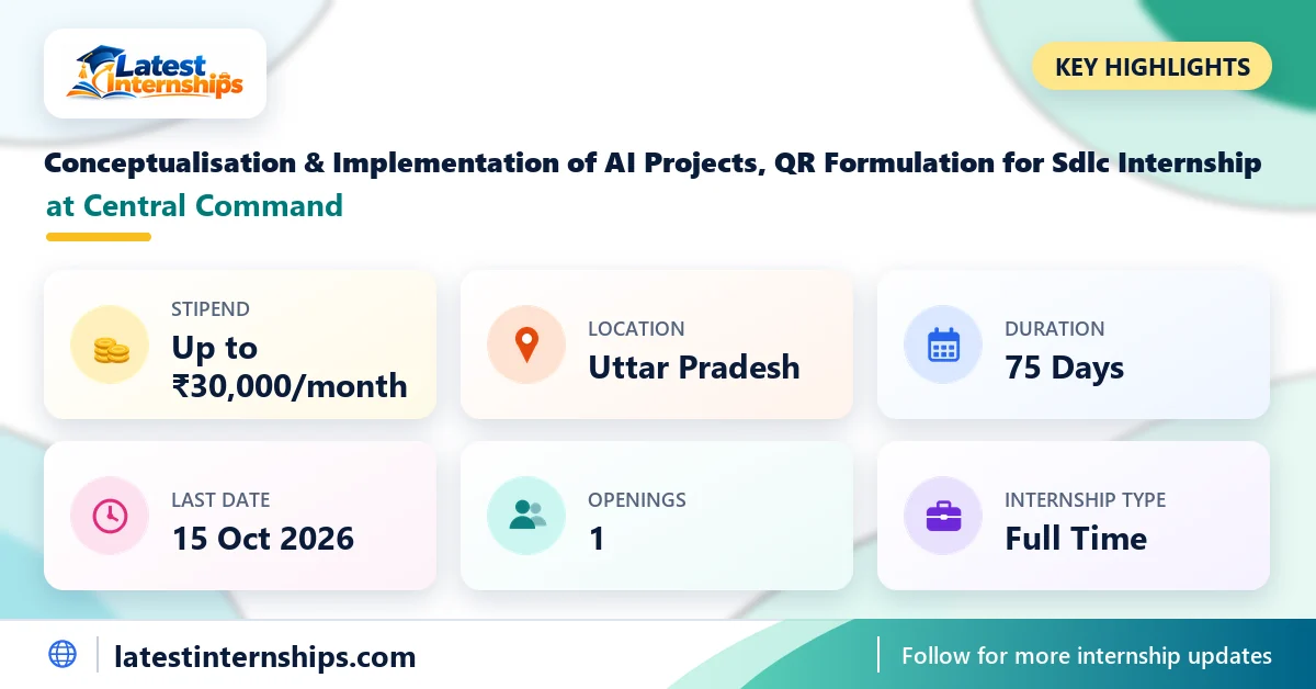 Key facts of the Central Command Conceptualisation & Implementation of AI Projects, QR Formulation for Sdlc internship: stipend, location, duration, last date, openings and work mode