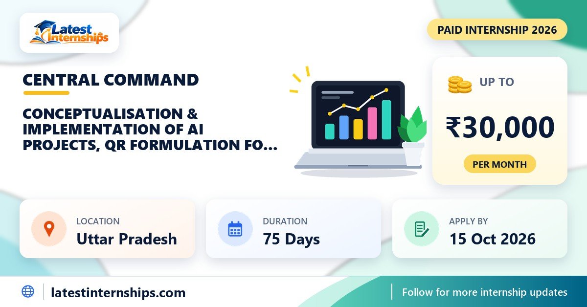 Central Command Conceptualisation & Implementation of AI Projects, QR Formulation for Sdlc internship banner with stipend, location, duration and last date
