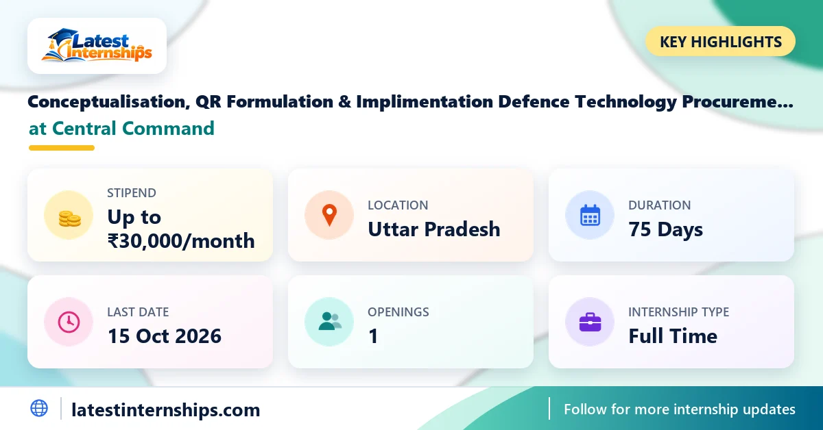 Key facts of the Central Command Conceptualisation, QR Formulation & Implimentation Defence Technology Procurement internship: stipend, location, duration, last date, openings and work mode