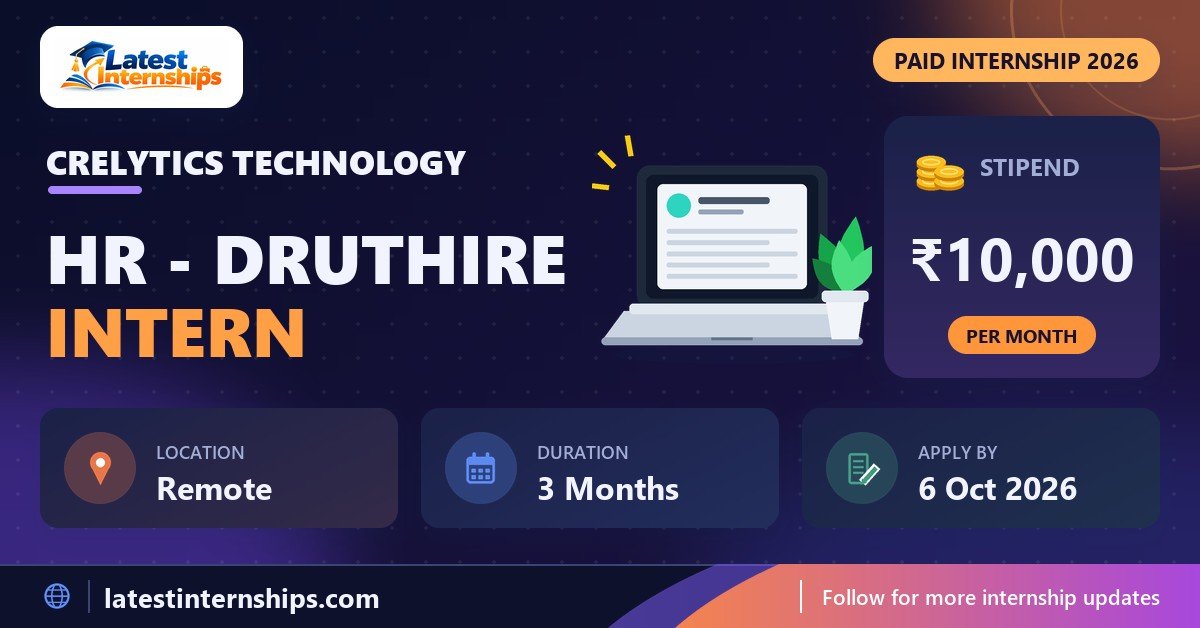 Crelytics Technology HR - DrutHire internship banner with stipend, location, duration and last date