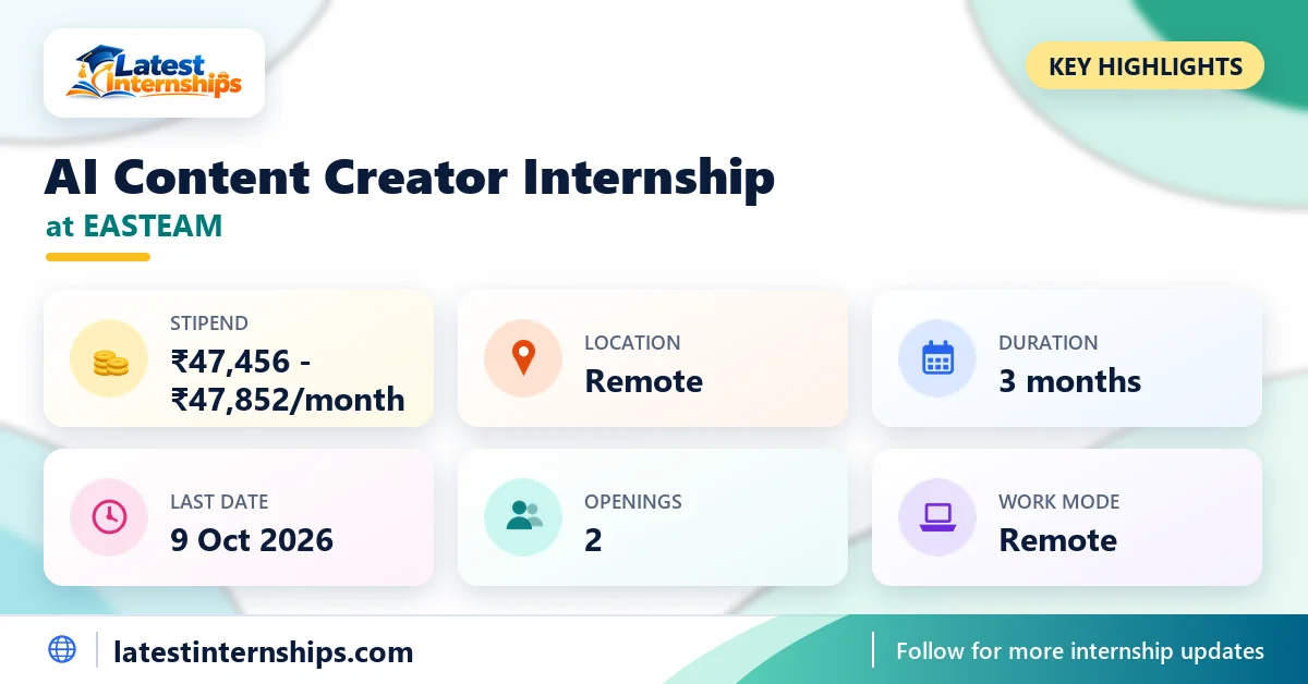 Key facts of the EASTEAM AI Content Creator internship: stipend, location, duration, last date, openings and work mode
