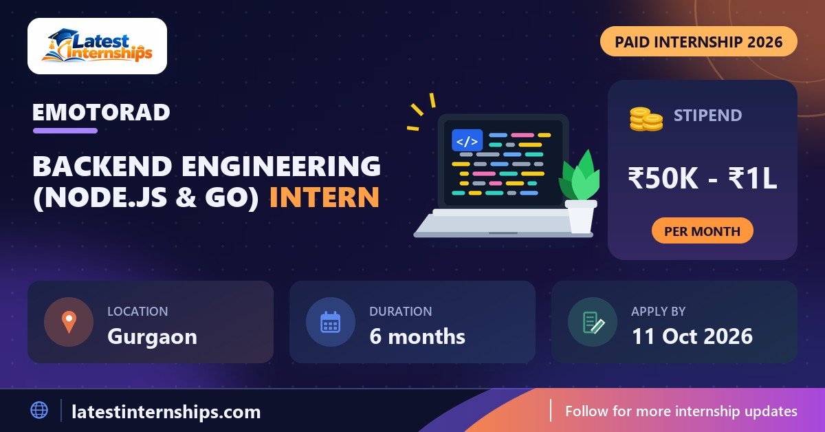 EMotorad Backend Engineering (Node.js & Go) internship banner with stipend, location, duration and last date