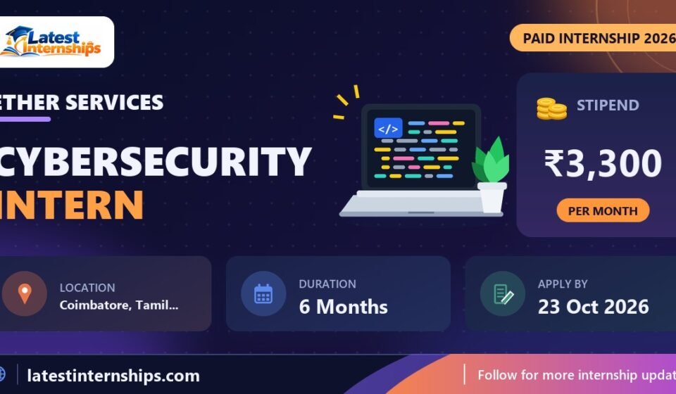 Ether Services Cybersecurity internship banner with stipend, location, duration and last date