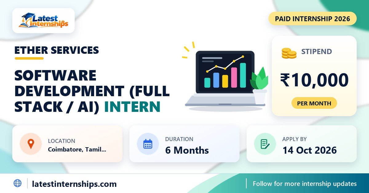 Ether Services Software Development (Full Stack / AI) internship banner with stipend, location, duration and last date