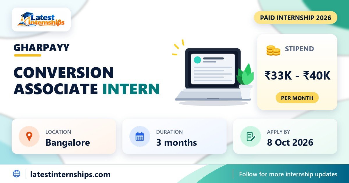 Gharpayy Conversion Associate internship banner with stipend, location, duration and last date