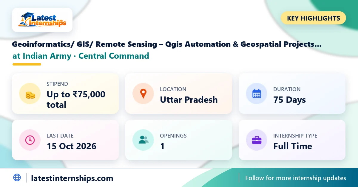Key facts of the Indian Army Central Command Geoinformatics/ GIS/ Remote Sensing – Qgis Automation & Geospatial Projects internship: stipend, location, duration, last date and openings