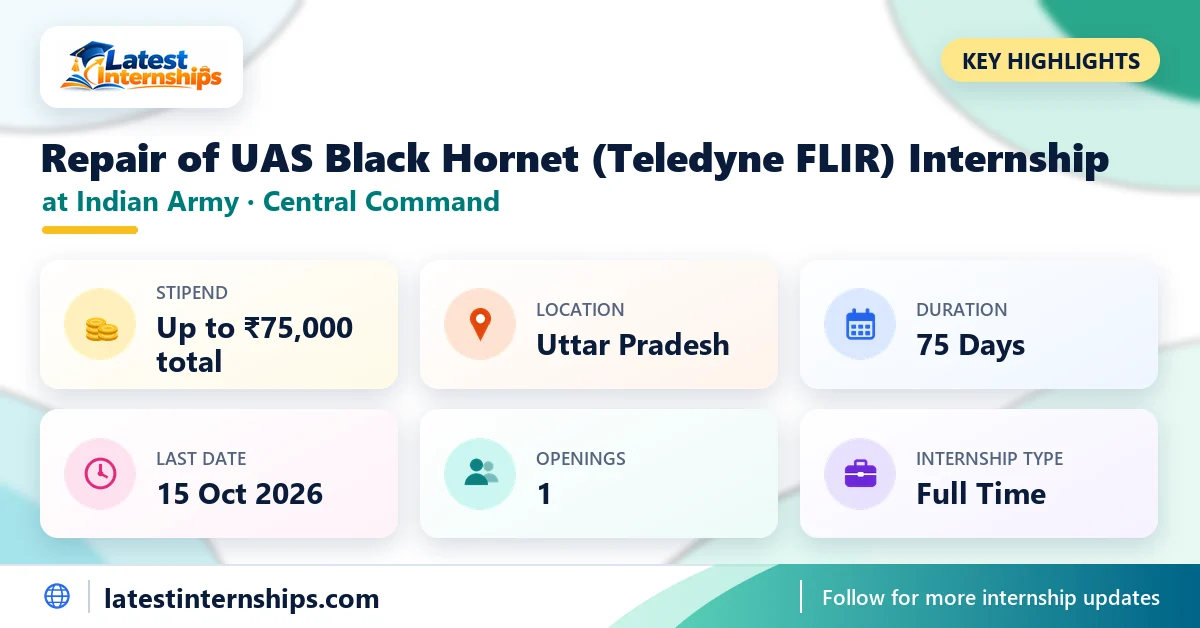 Key facts of the Indian Army Central Command Repair of UAS Black Hornet (Teledyne FLIR) internship: stipend, location, duration, last date and openings