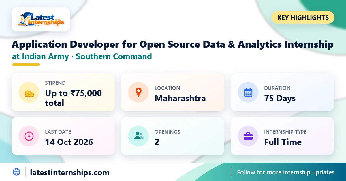 Key facts of the Indian Army Southern Command Application Developer for Open Source Data & Analytics internship: stipend, location, duration, last date and openings