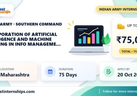 Indian Army Southern Command Incorporation of Artificial Intelligence and Machine Learning in Info Management internship banner with stipend, duration and last date