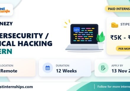 InternEzy Cybersecurity / Ethical Hacking internship banner with stipend, location, duration and last date