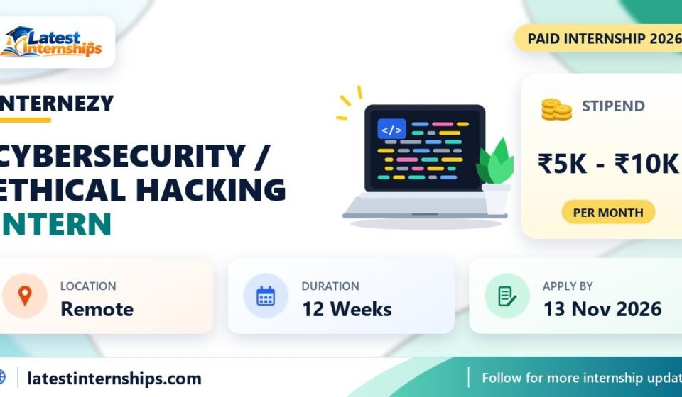 InternEzy Cybersecurity / Ethical Hacking internship banner with stipend, location, duration and last date