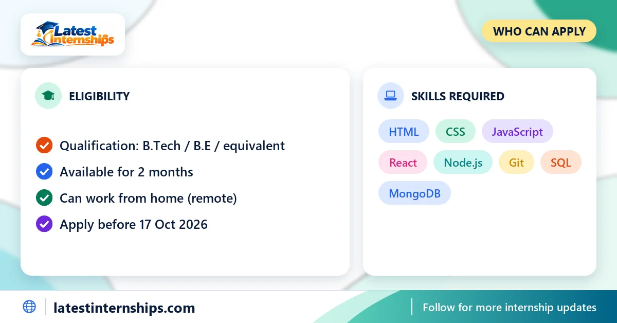 Eligibility checklist and skills for the Web Developer internship at InternEzy