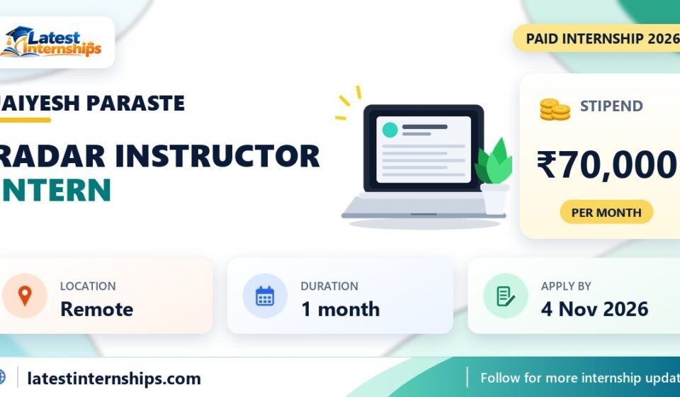 Jaiyesh Paraste Radar Instructor internship banner with stipend, location, duration and last date