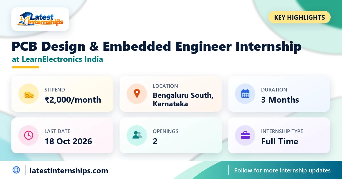 Key facts of the LearnElectronics India PCB Design & Embedded Engineer internship: stipend, location, duration, last date, openings and work mode