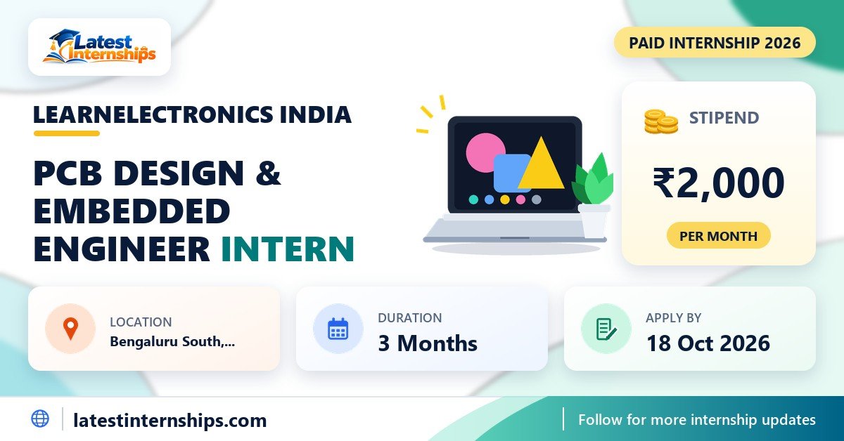 LearnElectronics India PCB Design & Embedded Engineer internship banner with stipend, location, duration and last date
