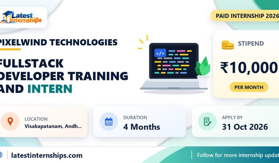 pixelwind technologies Fullstack Developer Training and internship banner with stipend, location, duration and last date