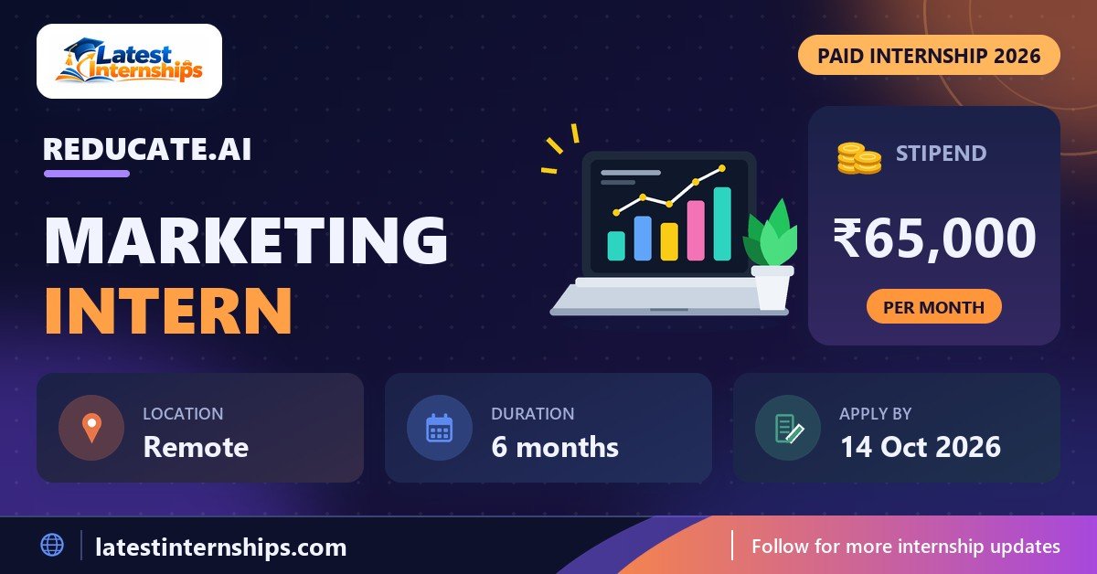 Reducate.ai Marketing internship banner with stipend, location, duration and last date