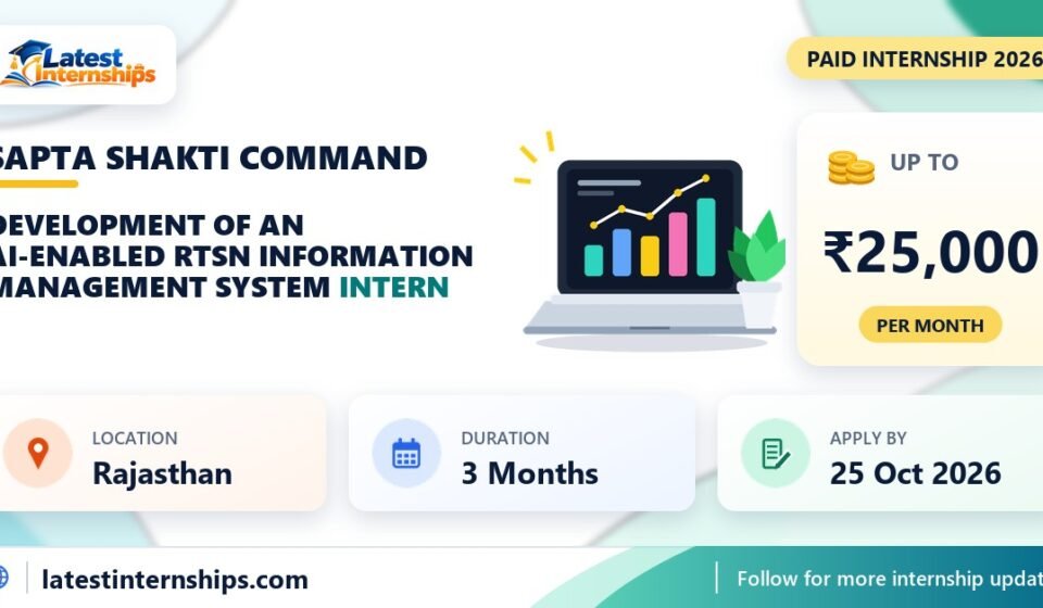 Sapta Shakti Command Development of an AI-Enabled RTSN Information Management System internship banner with stipend, location, duration and last date