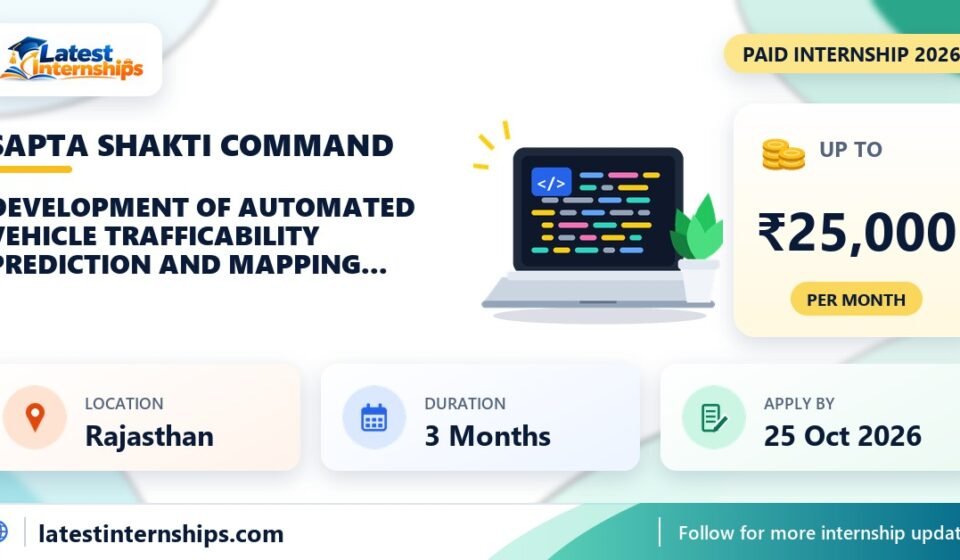 Sapta Shakti Command Development of Automated Vehicle Trafficability Prediction and Mapping System using Satellite, GIS and Underwater Autonomous Vehicle Inputs internship banner with stipend, location, duration and last date
