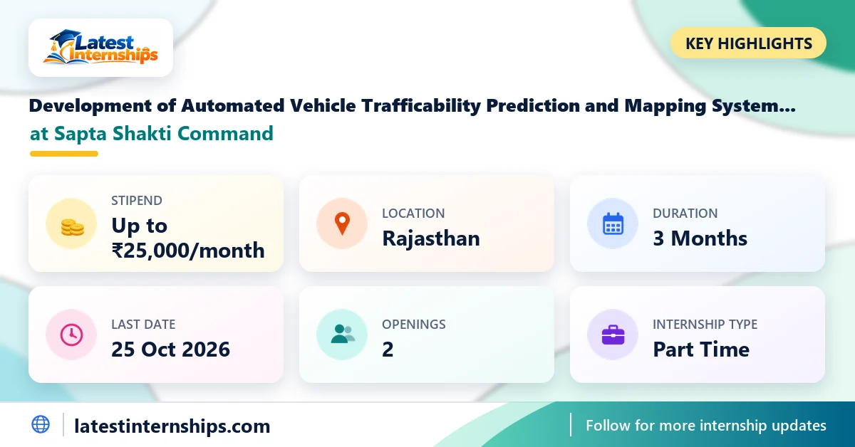 Key facts of the Sapta Shakti Command Development of Automated Vehicle Trafficability Prediction and Mapping System using Satellite, GIS and Underwater Autonomous Vehicle Inputs internship: stipend, location, duration, last date, openings and work mode