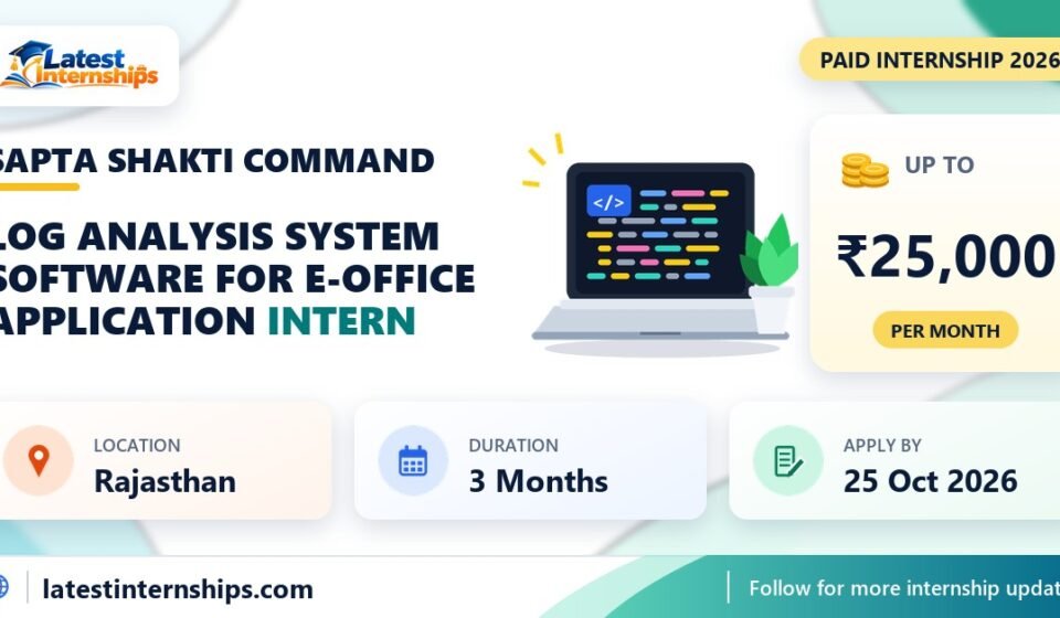 Sapta Shakti Command Log Analysis System Software for e-Office Application internship banner with stipend, location, duration and last date