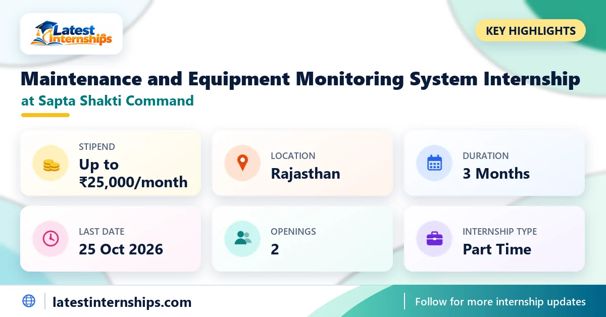 Key facts of the Sapta Shakti Command Maintenance and Equipment Monitoring System internship: stipend, location, duration, last date, openings and work mode