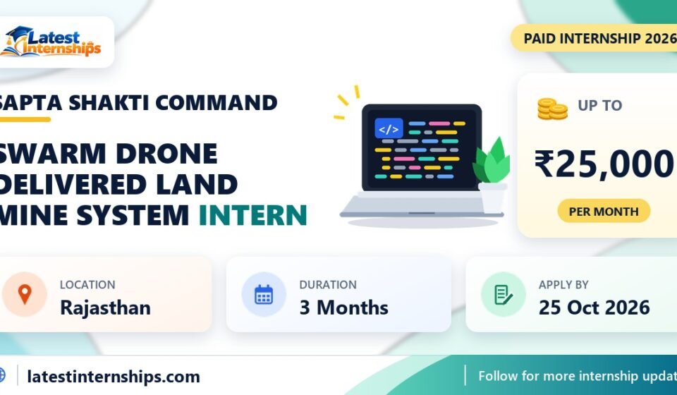Sapta Shakti Command Swarm Drone Delivered Land Mine System internship banner with stipend, location, duration and last date