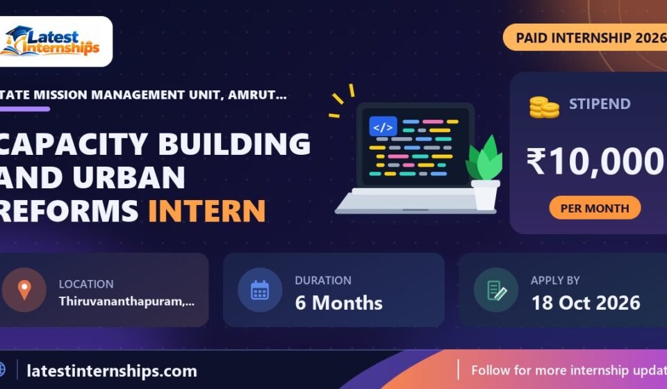 State Mission Management Unit, AMRUT Kerala Capacity Building and Urban Reforms internship banner with stipend, location, duration and last date