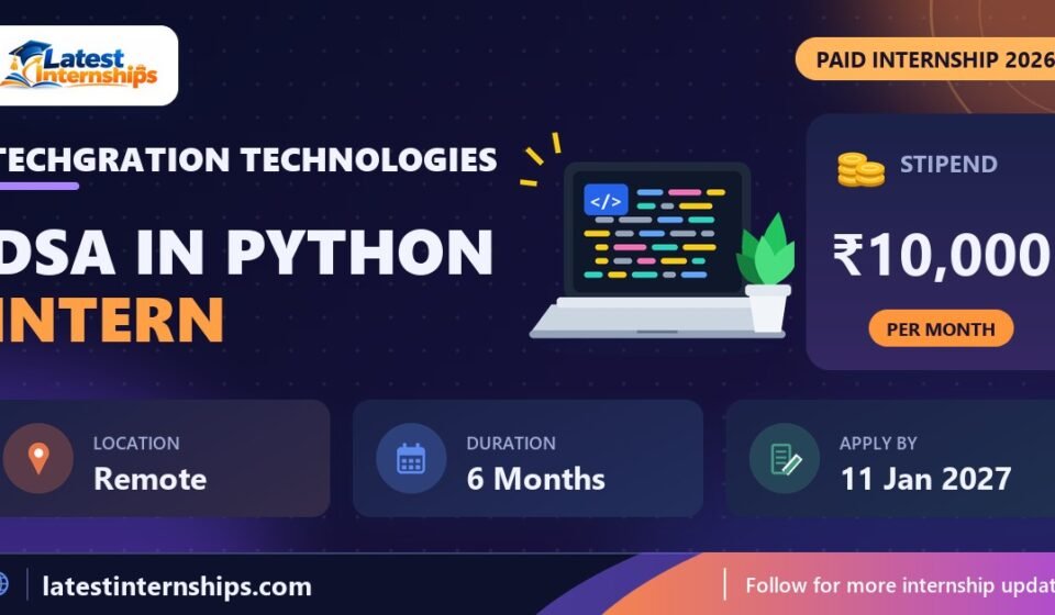 Techgration Technologies DSA in Python internship banner with stipend, location, duration and last date