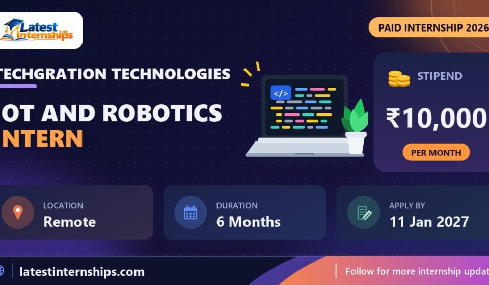 Techgration Technologies IoT and Robotics internship banner with stipend, location, duration and last date