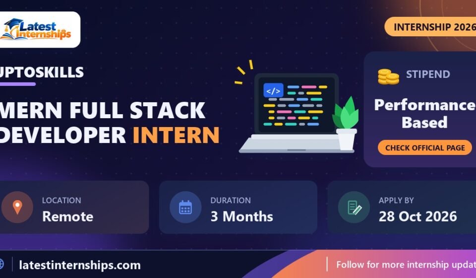 UPTOSKILLS Mern Full Stack Developer internship banner with stipend, location, duration and last date