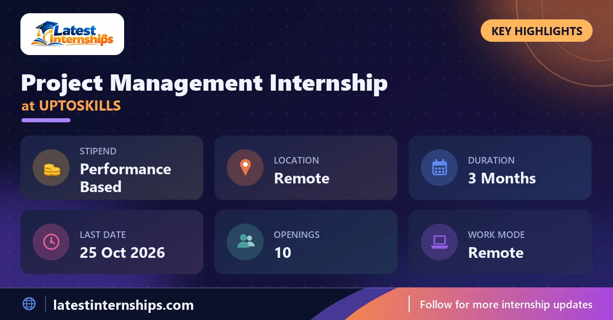 Key facts of the UPTOSKILLS Project Management internship: stipend, location, duration, last date, openings and work mode
