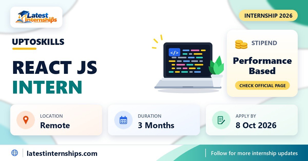 UPTOSKILLS React JS internship banner with stipend, location, duration and last date
