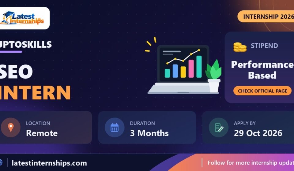 UPTOSKILLS SEO internship banner with stipend, location, duration and last date