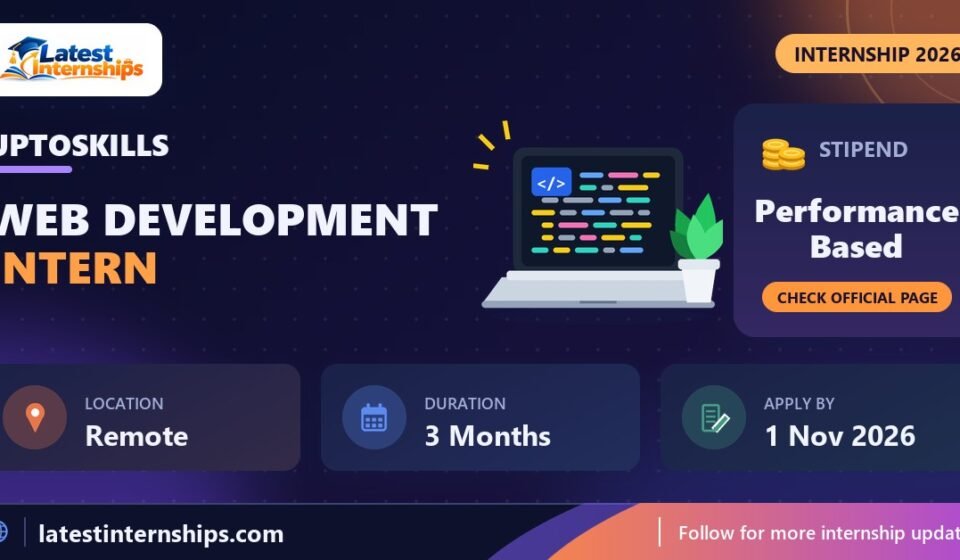UPTOSKILLS WEB Development internship banner with stipend, location, duration and last date