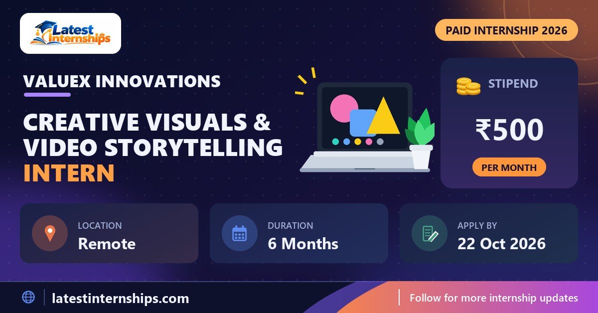 valuex innovations Creative Visuals & Video Storytelling internship banner with stipend, location, duration and last date