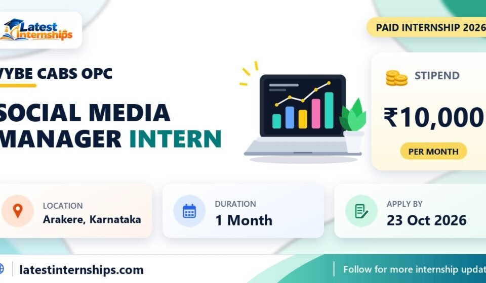 VYBE CABS OPC Social Media Manager internship banner with stipend, location, duration and last date