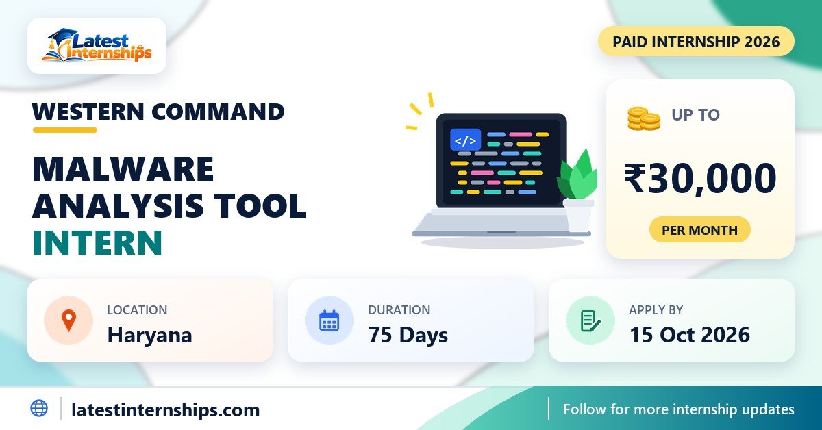 Western Command Malware Analysis Tool internship banner with stipend, location, duration and last date