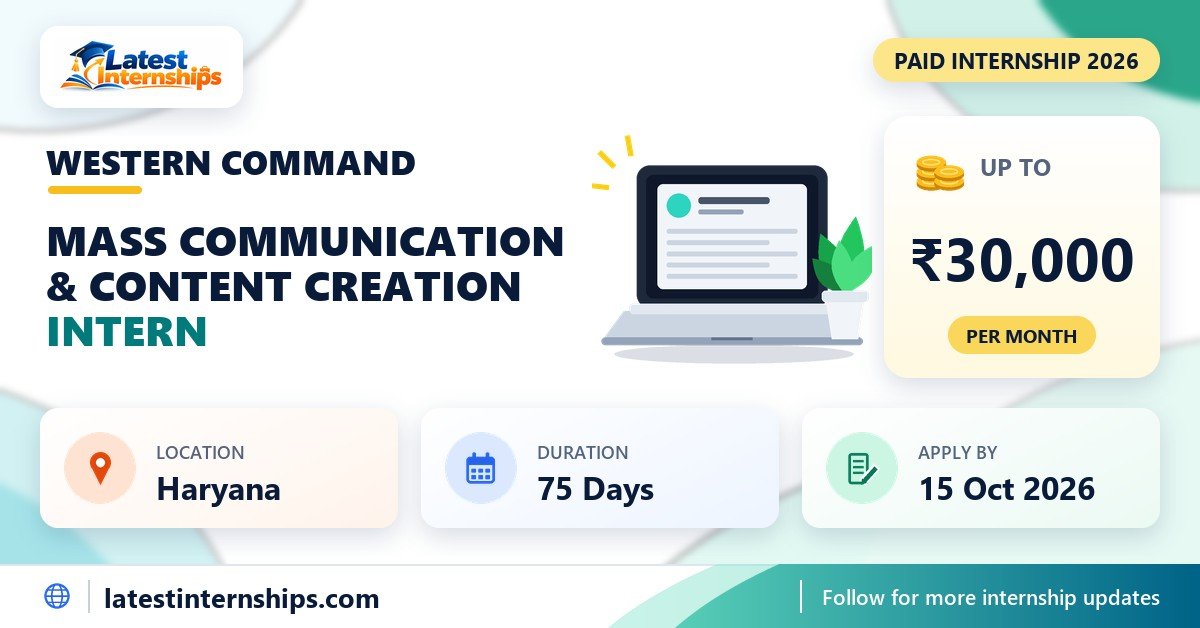 Western Command Mass Communication & Content Creation internship banner with stipend, location, duration and last date