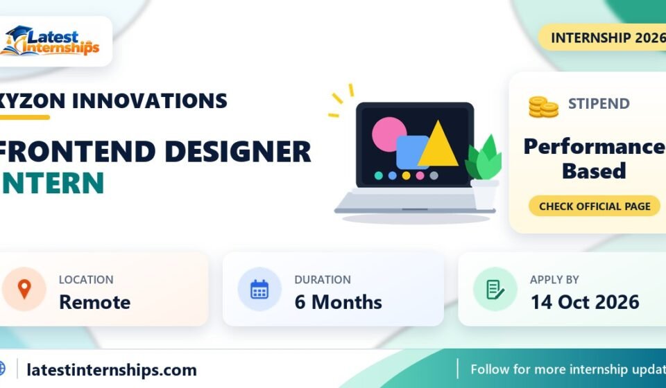 Xyzon Innovations Frontend Designer internship banner with stipend, location, duration and last date